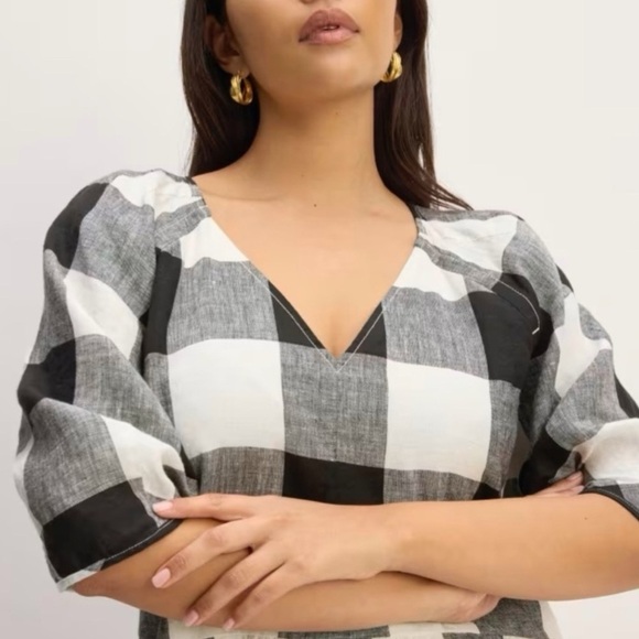 Everlane Linen Oversized Puff Sleeve Dress Bone Black Buffalo Plaid Preppy XS - Picture 3 of 15